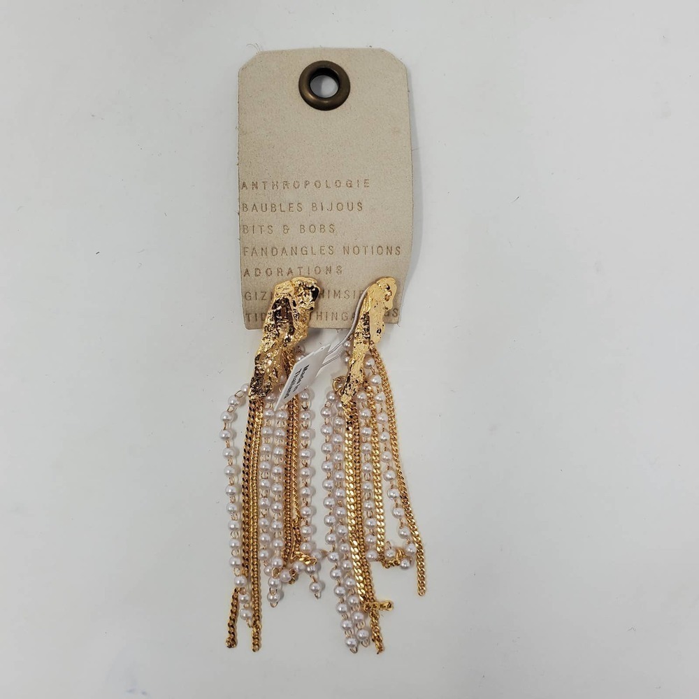 Anthropologie Women Brass Pearl Chain Drop Earrings Gold Dangle Fashion Jewelry